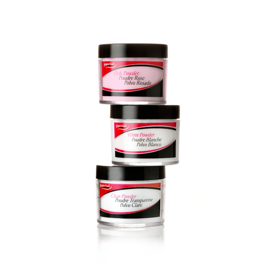 Three small jars of Supernail Acrylic Powder stacked vertically on a white background. The top jar is Pink Powder, the middle is White Powder, and the bottom is Clear Powder.