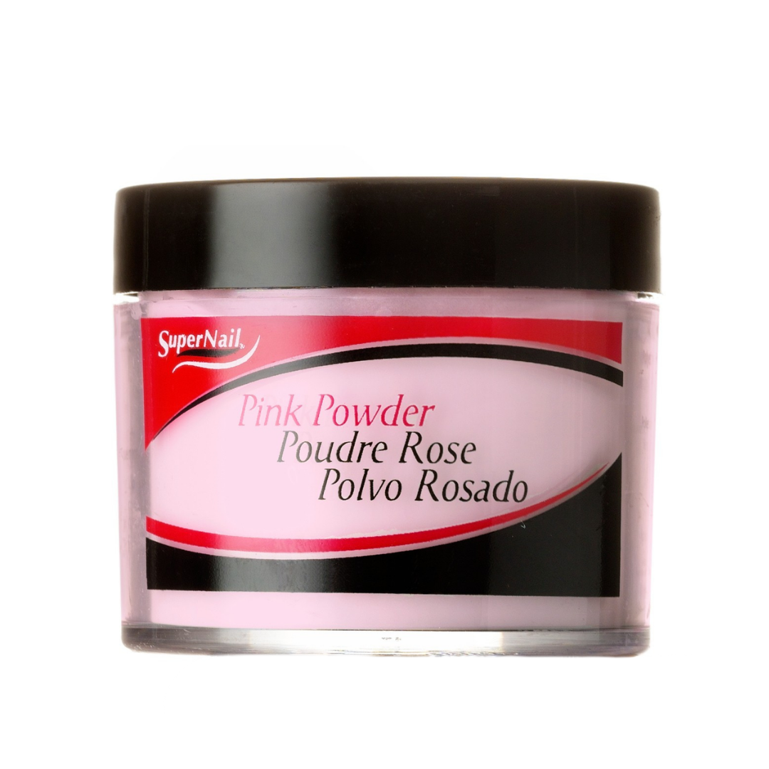 A jar of SuperNail Acrylic French Pink Powder (Poudre Rose / Polvo Rosado) with a black lid and a pink and red label, shown on a plain white background.