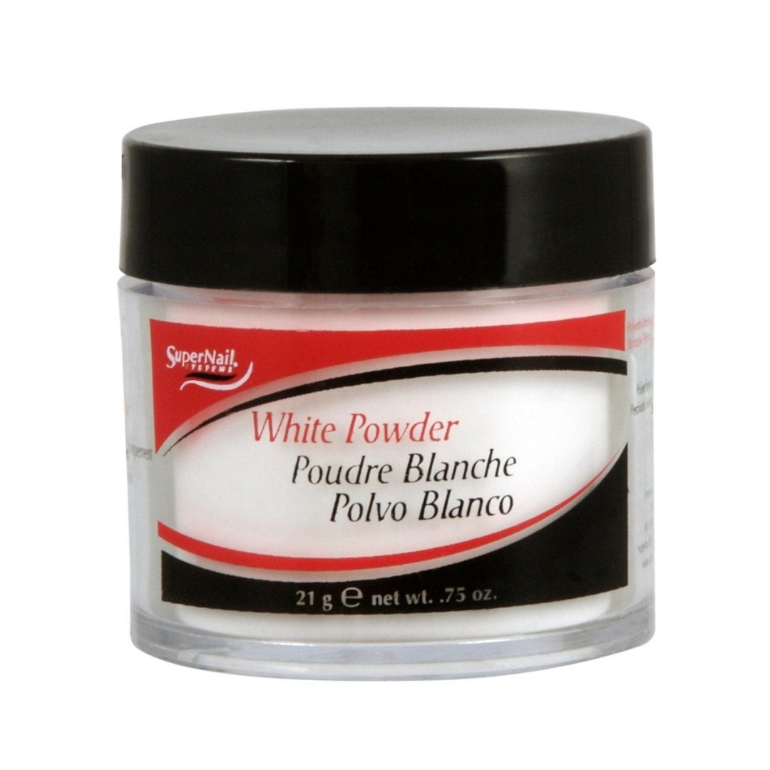 A jar of SuperNail System Acrylic French White Powder, 21g, in a clear plastic container with a black lid and a red, white, and black label.