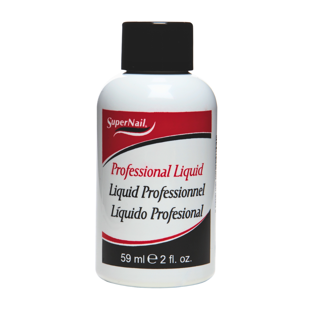 A 59 ml bottle of SuperNail Professional Liquid with a white body, black cap, and a red and black label.
