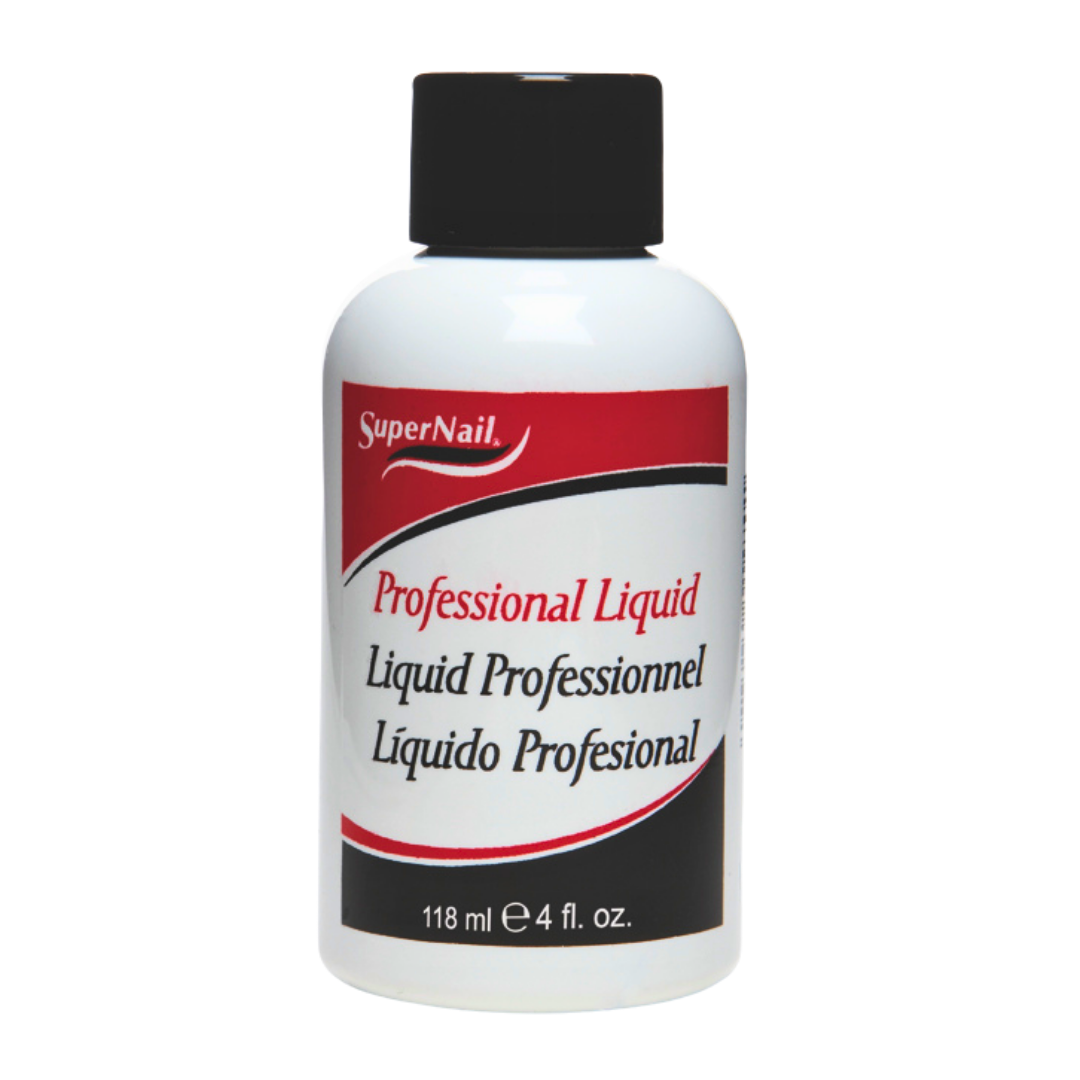 A white plastic bottle of SuperNail Professional Liquid with a black cap and a red, white, and black label.