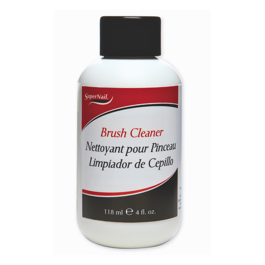 SuperNail Brush Cleaner in a white plastic bottle with a black cap, featuring a red and white label with black text.