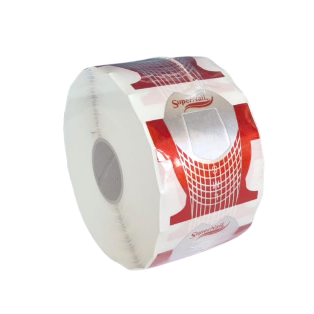 A roll of SuperNail nail forms with red and white patterned labels, shown on a plain white background.