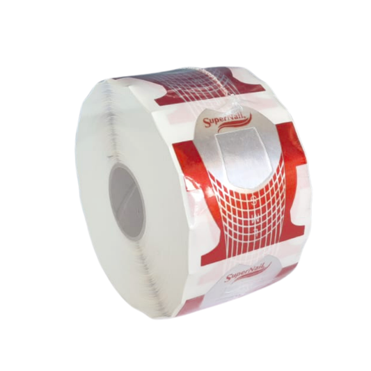 A roll of SuperNail nail forms with red and white patterned labels, shown on a plain white background.