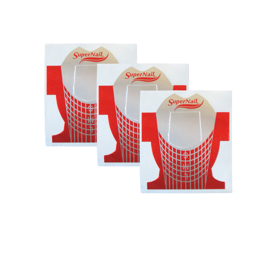 Three SuperNail nail forms arranged in a staggered stack on a plain white background.