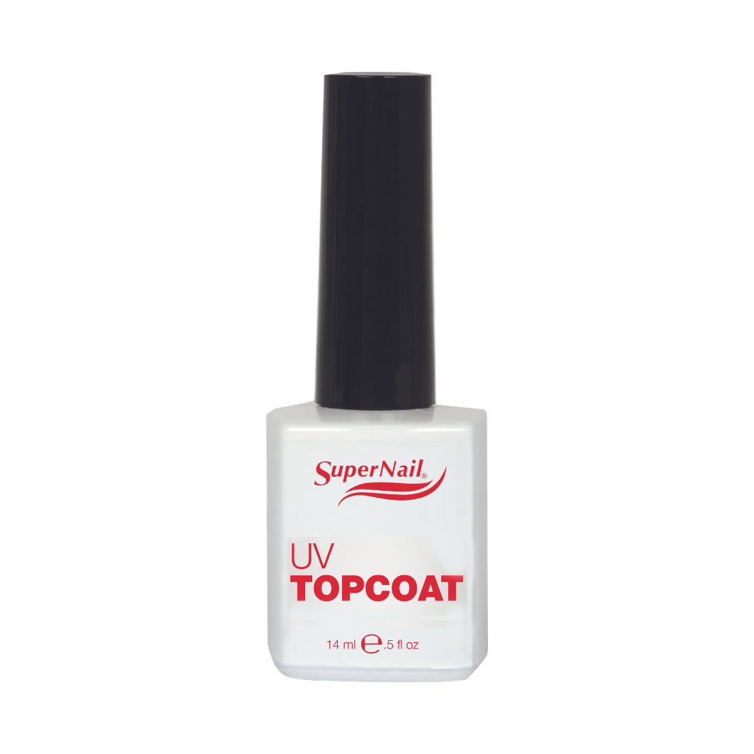 A bottle of SuperNail UV Topcoat nail polish on a plain white background. The bottle is white with a tall black cap and features red branding and text.