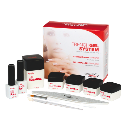 French Gel System nail kit by SuperNail, featuring a red and white product box, base gel bottle, gel cleanser, sculpting gel, pink builder gel, white builder gel, and clear clear gel, with two tools in front, on a white background.