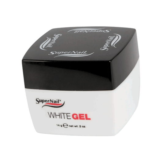 A jar of SuperNail White Gel nail polish remover with a black cap and a white body, shown on a plain white background.