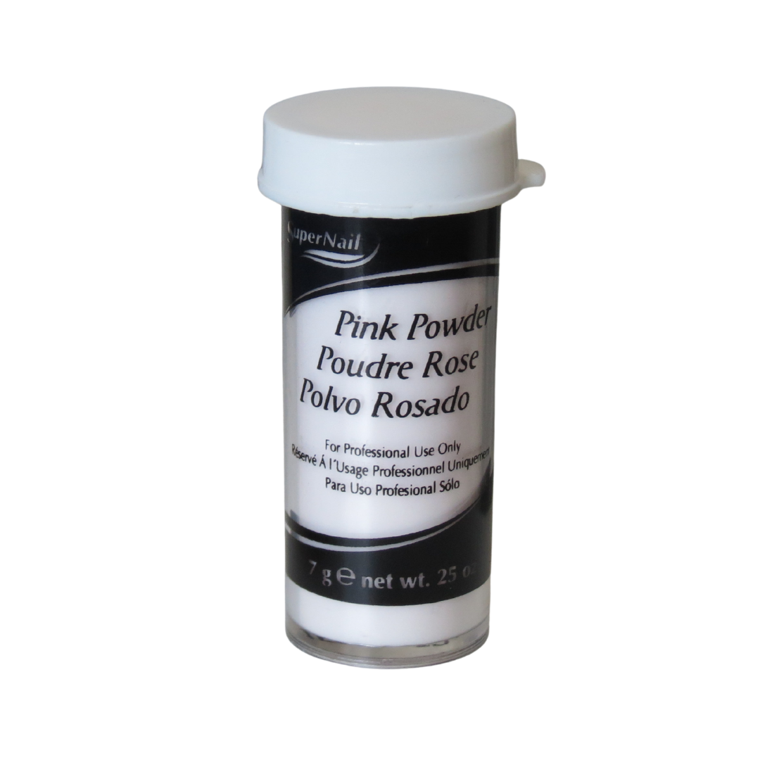 A 7g container of SuperNail Pink Powder (Poudre Rose / Polvo Rosado) for professional nail art, featuring a white plastic cap and a black-and-white label.