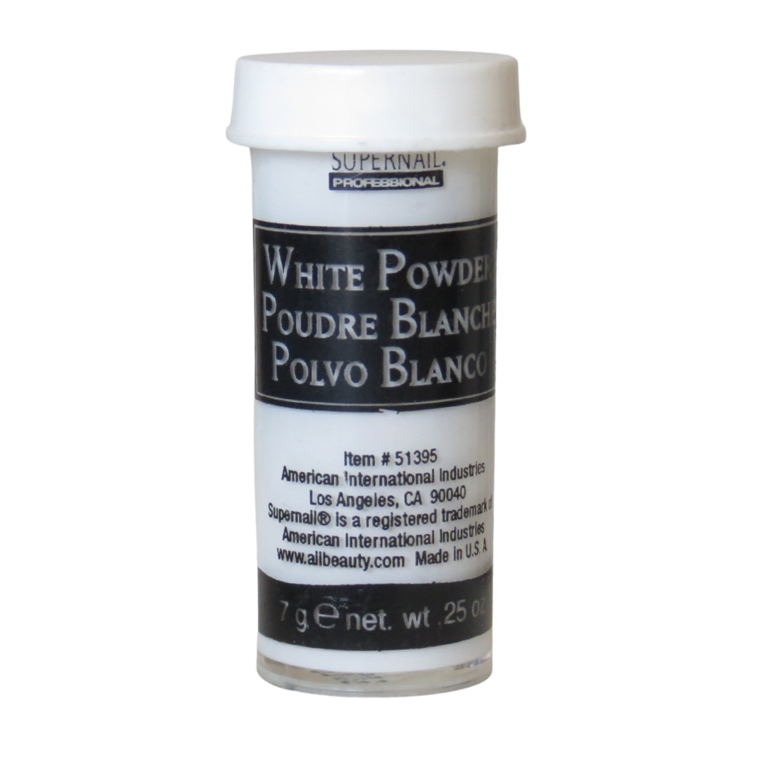 A small cylindrical plastic container of SupeNail Professional White Powder (Poudre Blanche / Polvo Blanco) with a white screw cap and a black-and-white label.