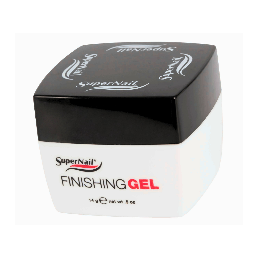 A white and black jar of SuperNail Finishing Gel, 14 g (0.5 oz), shown on a plain white background.