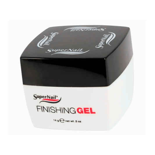 A white and black jar of SuperNail Finishing Gel, 14 g (0.5 oz), shown on a plain white background.