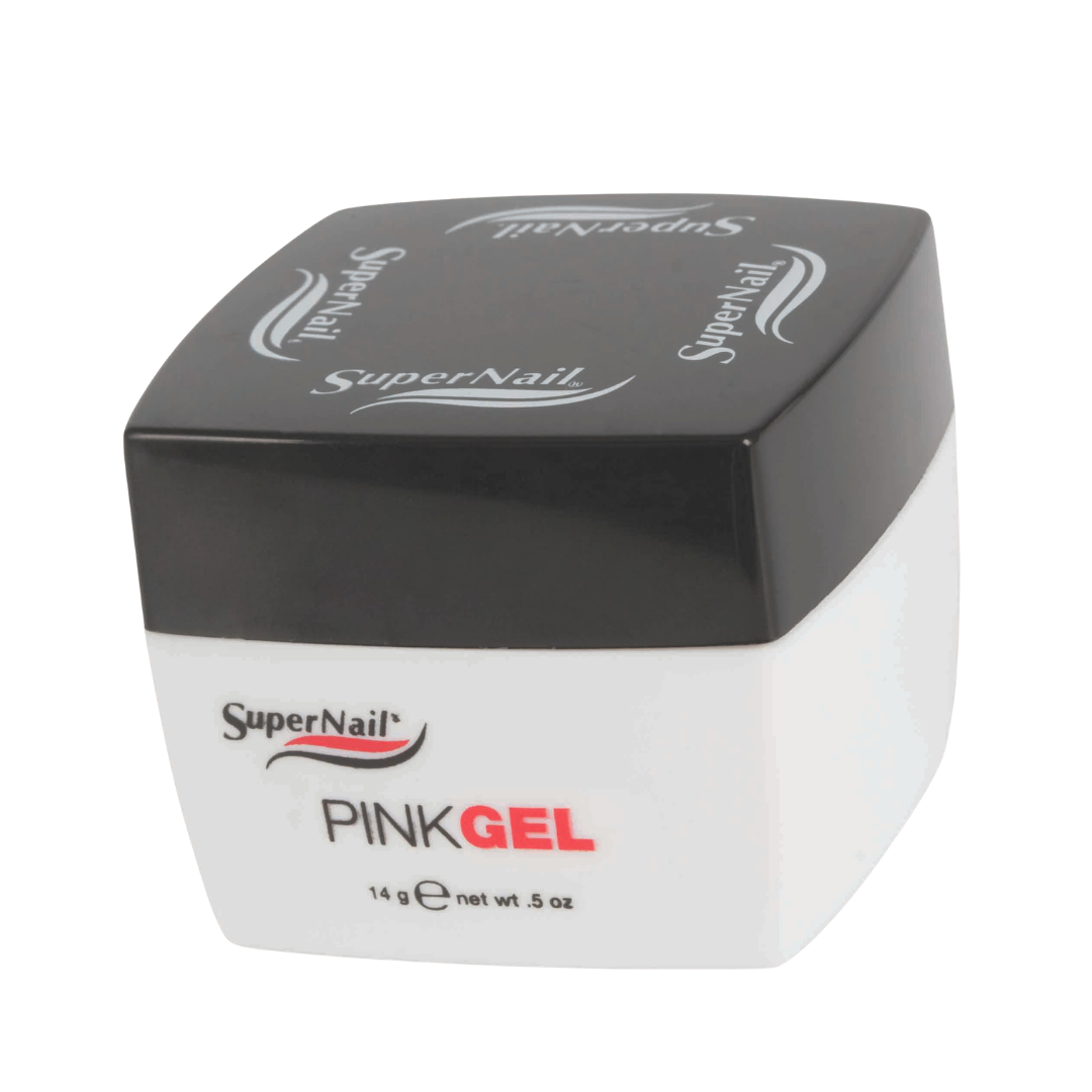SuperNail Pink Gel nail polish jar with a black lid and white base, featuring the SuperNail brand logo and 'PINK GEL' text on a clean white background.