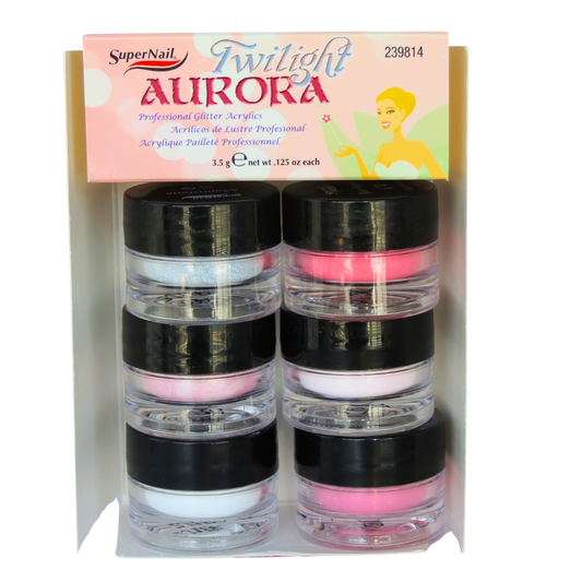 SuperNail Twilight Aurora acrylic nail powder set in a retail display box. The set contains eight small jars with black lids and clear bases, showing white, pink, and light pink powders inside.