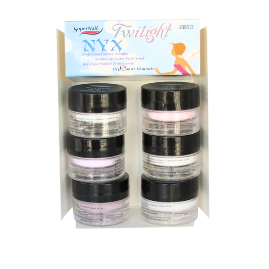 SuperNail NYX Twilight glitter acrylic nail powder set in a retail display card package, containing six jars of black, white, and light pink glitter powder.