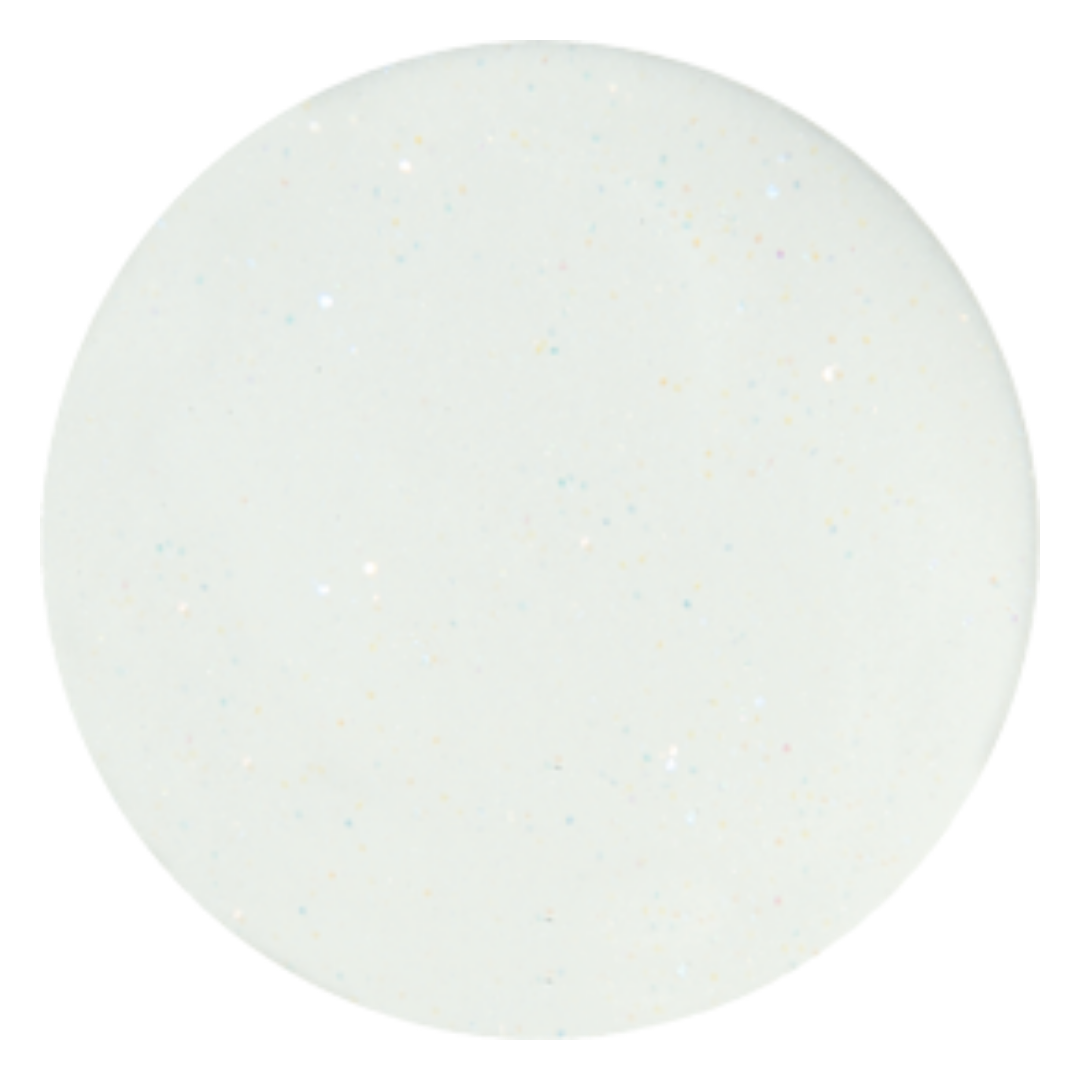 A circular swatch of off-white glitter Supernail acrylic powder, showing subtle multi-colored flecks of glitter scattered throughout.