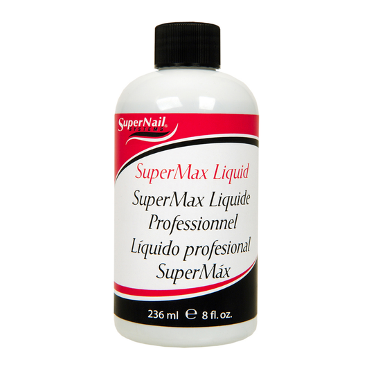 A white bottle of SuperNail SuperMax Acrylic Monomer Liquid with a black cap and a red, white, and black label, shown on a plain white background.