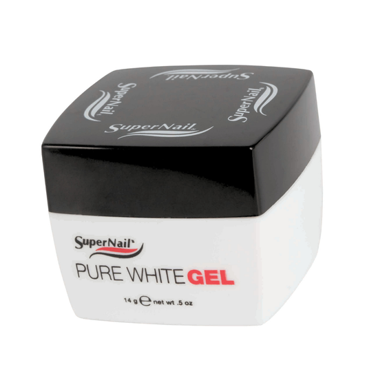 A jar of SuperNail Pure White Gel nail polish with a black lid and a white container, shown on a plain white background.