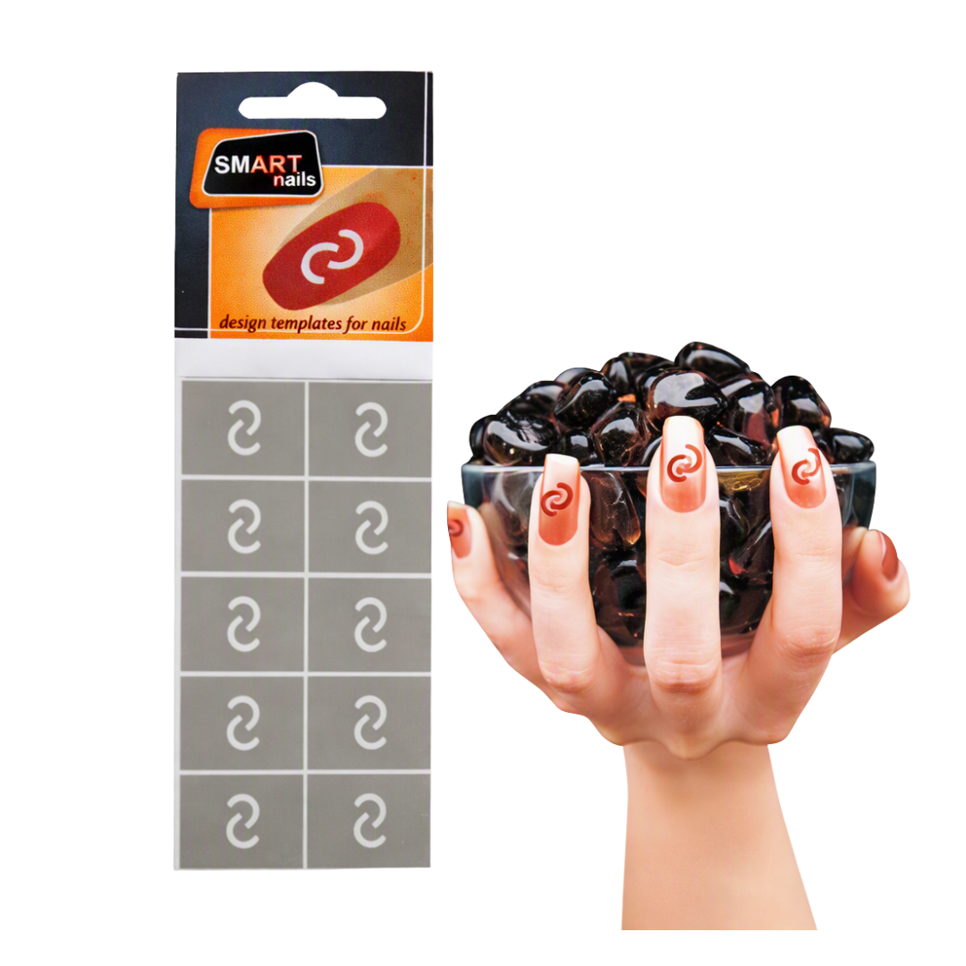 A retail package of Smart Nails template stickers shown next to a hand holding a bowl of dark, glossy nail art pieces decorated with the spiral template design.