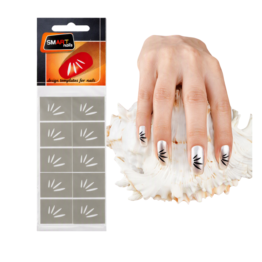 Nail design template stickers shown next to a hand with silver nails decorated using the black and white leaf-like template designs. The packaging reads 'SMART nails'.