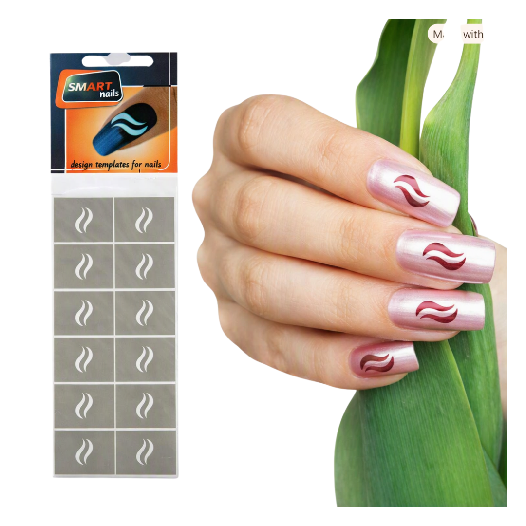 A hand with glossy pale pink nails decorated with red wavy stencils, shown beside a package of Smart Nails design templates for nails. The package contains ten gray square templates with white stencils.
