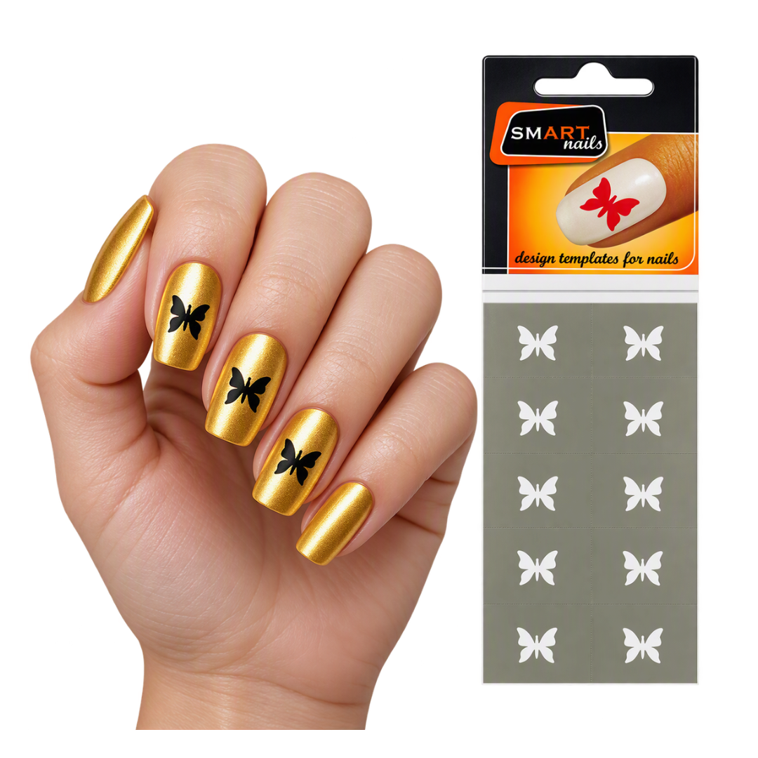 A hand with glossy gold nails decorated with black butterflies shapes, shown next to the retail package for SMART nails star design templates on a white background.