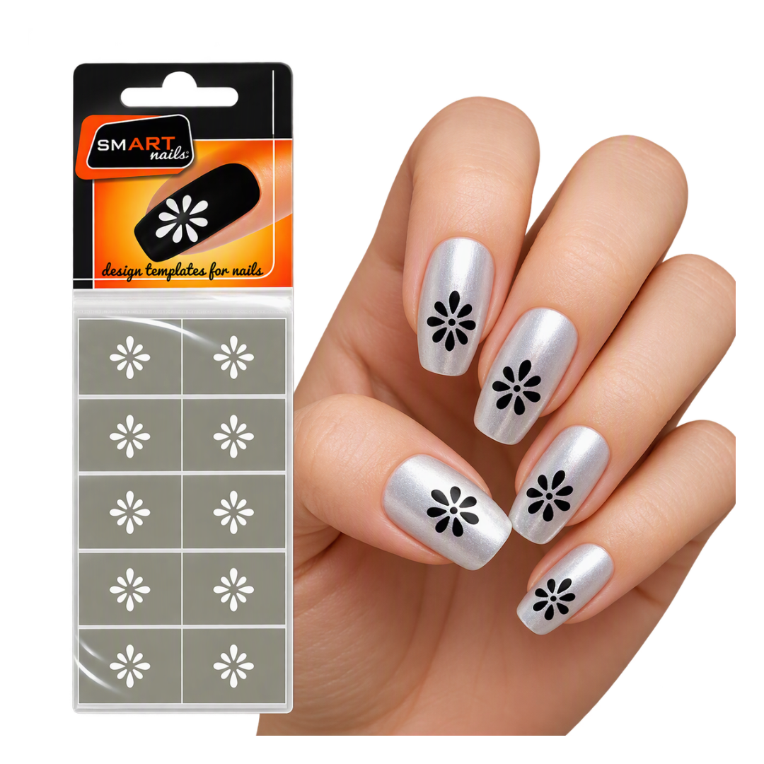 A hand with silver manicured nails decorated with black flower-shaped nail stencils, shown next to the retail packaging of SMART nails flower template stickers on a white background.