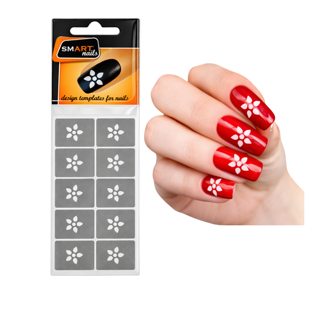 A package of gray nail template stickers with white floral designs shown next to a hand modeling red nails with matching white floral decals.