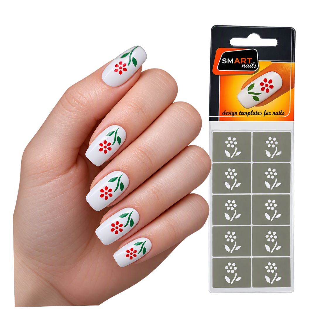 A hand with white manicured nails decorated with red flower and green leaf stencils, shown next to the retail packaging labeled SMART nail.