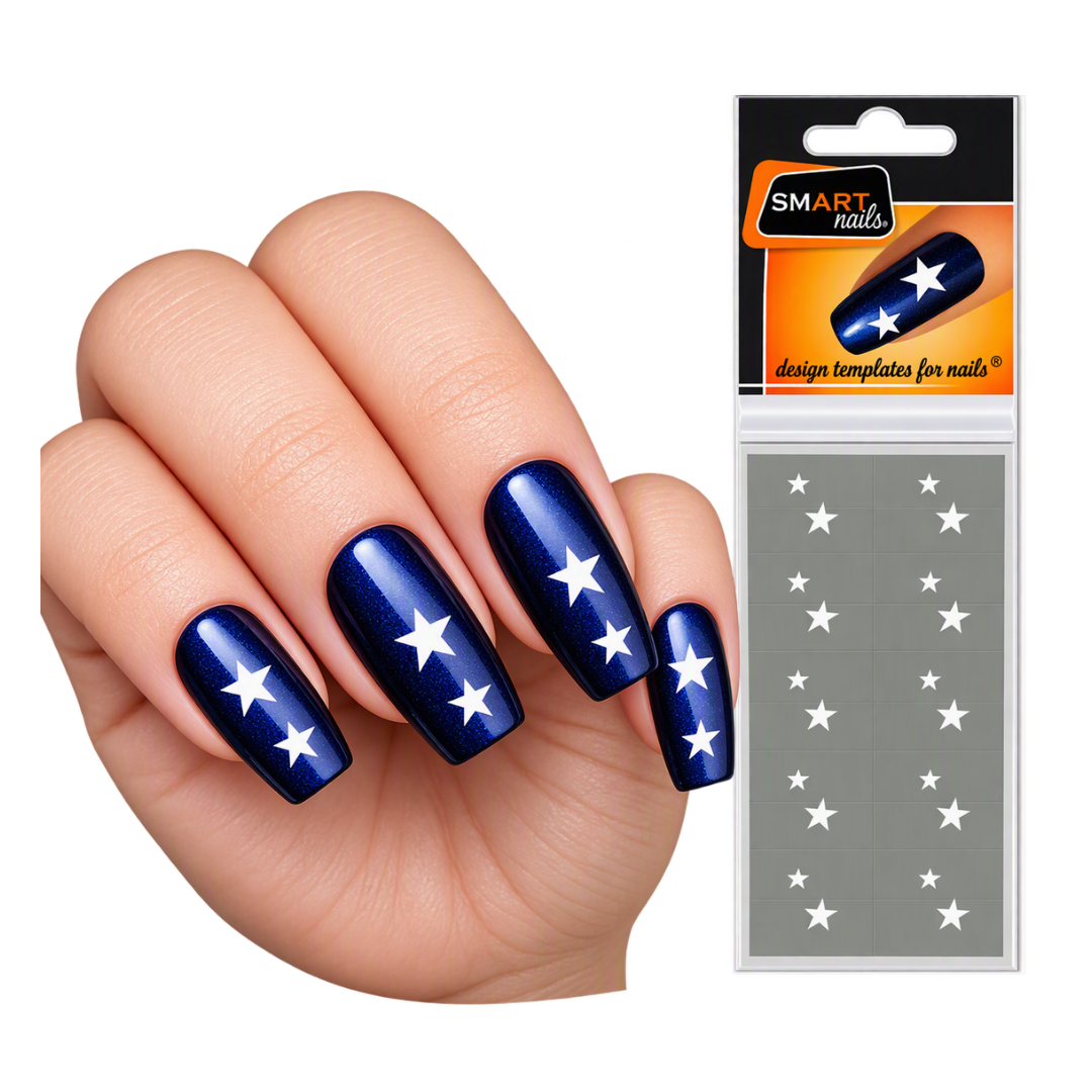 A hand with glossy dark blue nails decorated with white star shapes, shown next to the retail package for SMART nails star design templates on a white background.