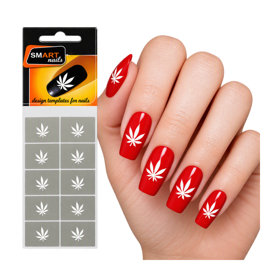 A hand with red manicured nails decorated with white cannabis leaf nail stickers, shown next to the retail packaging labeled SMART nails.