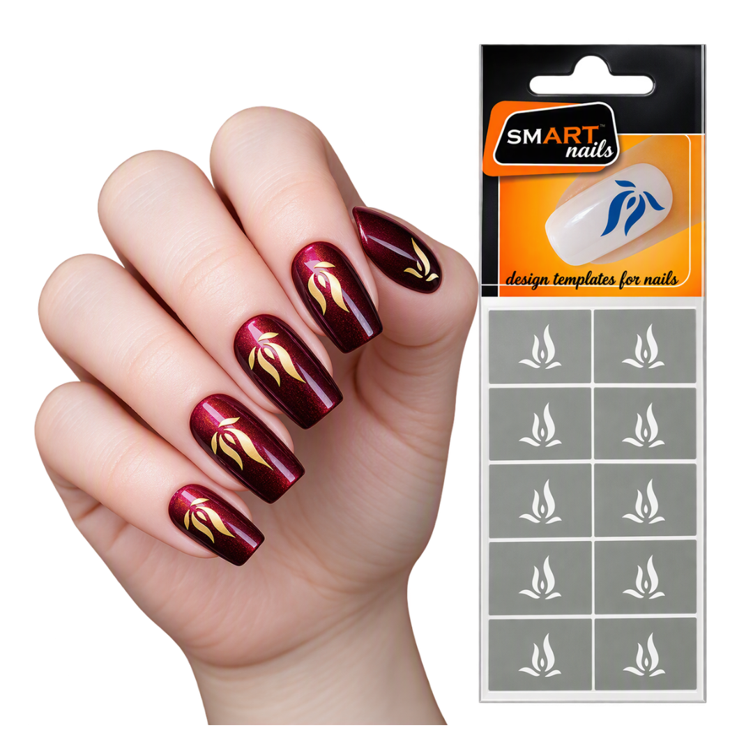 A hand with glossy dark red nails decorated with gold flame designs, shown next to a retail package of matching nail templates labeled SMART nails.