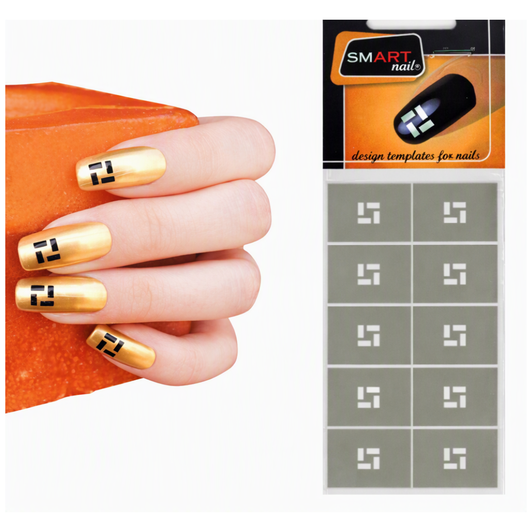 A hand with metallic gold nails decorated with small black geometric designs, shown beside a package of SMART nails design templates for nails.