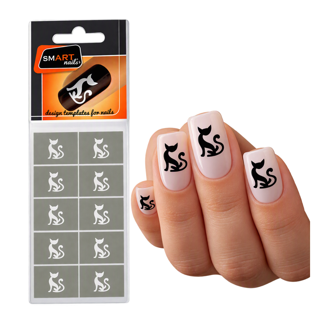 A hand with pale pink nails decorated with black cat silhouette nail art stands beside a retail package of SMART nails cat-shaped nail templates on a white background.