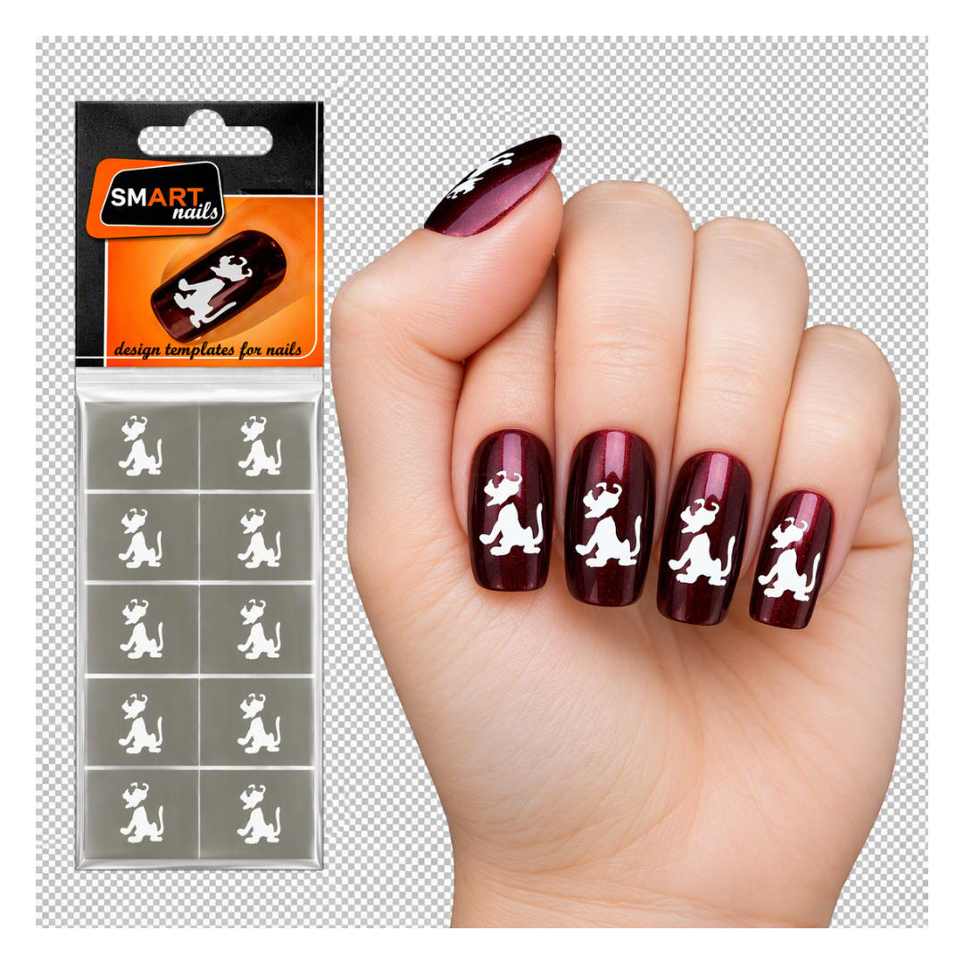 A hand with manicured nails painted in a deep burgundy polish, each decorated with a small white dog silhouette, shown beside the retail packaging labeled SMART nails.