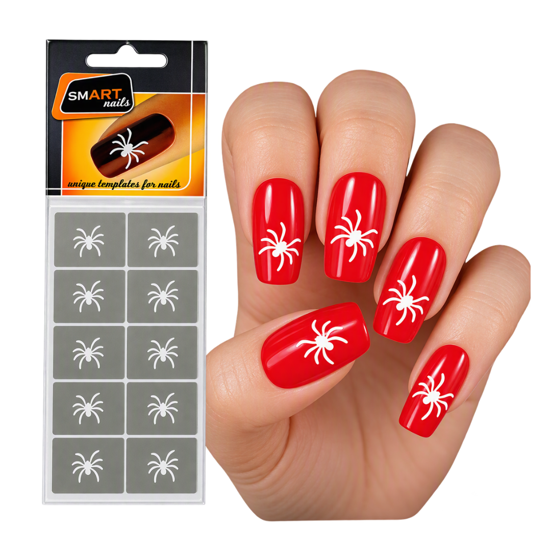 A hand with red manicured nails decorated with white spider designs, shown next to a package of spider nail templates on a plain white background.
