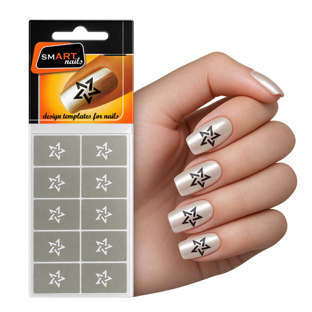 A hand with metallic silver nails decorated with black star-shaped nail art templates, next to a retail package of SMART nails star templates on a white background.