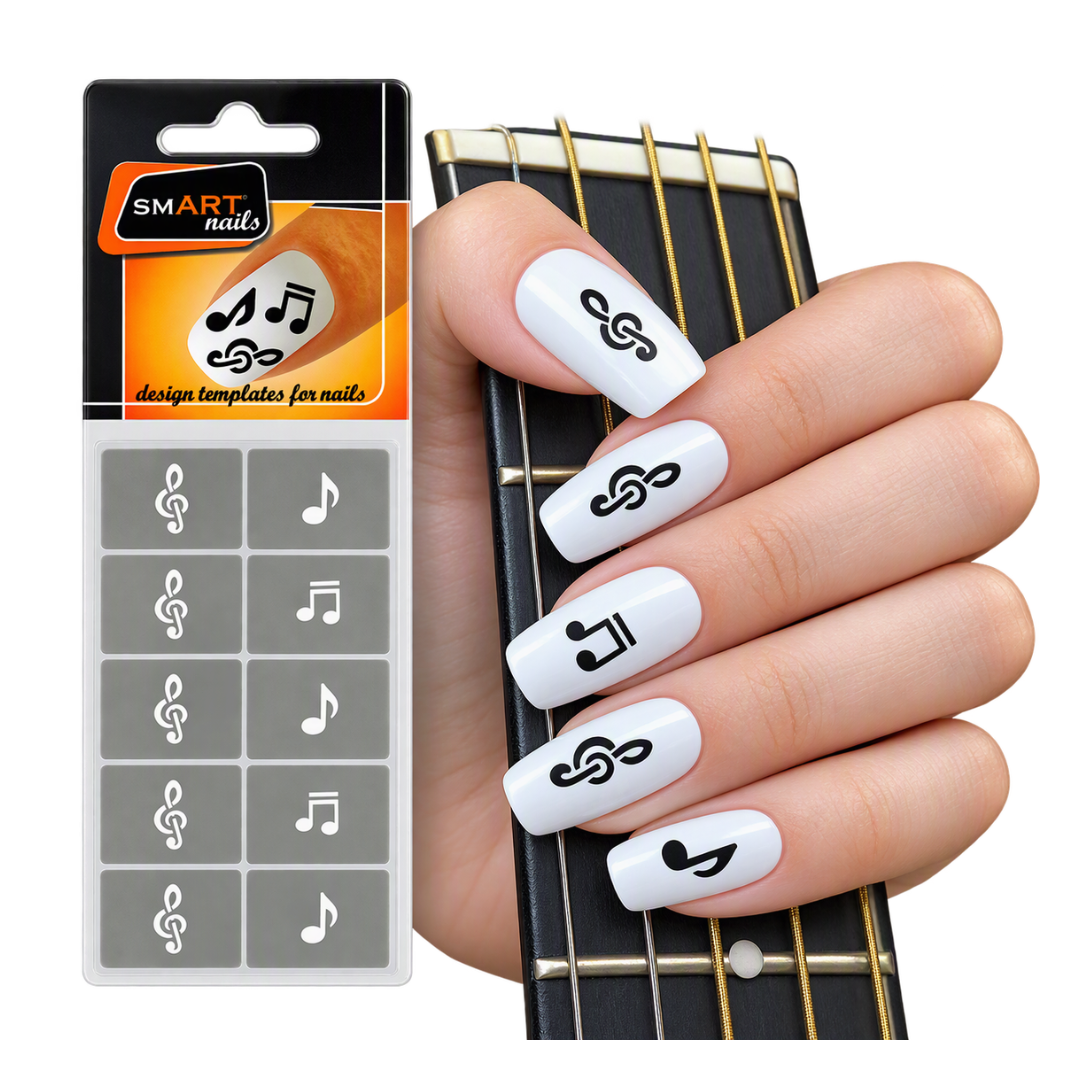 A hand with white nails decorated with black music note and clef symbols, holding a guitar fretboard next to a retail package labeled SMART nails.