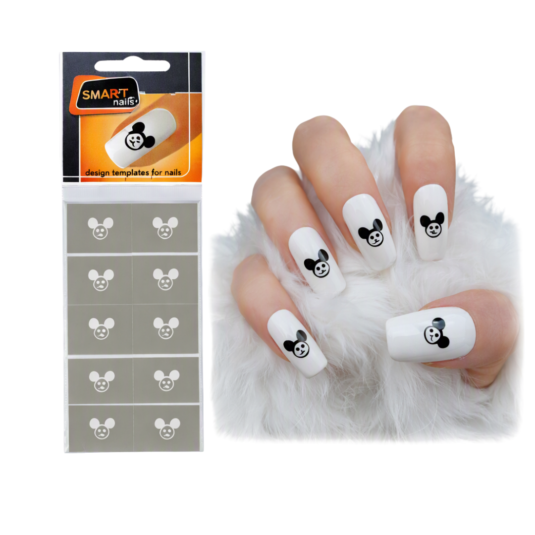 Pack of Mickey Mouse-themed nail stickers shown next to a hand displaying the white nail wraps decorated with black Mickey head designs, set against a white background.