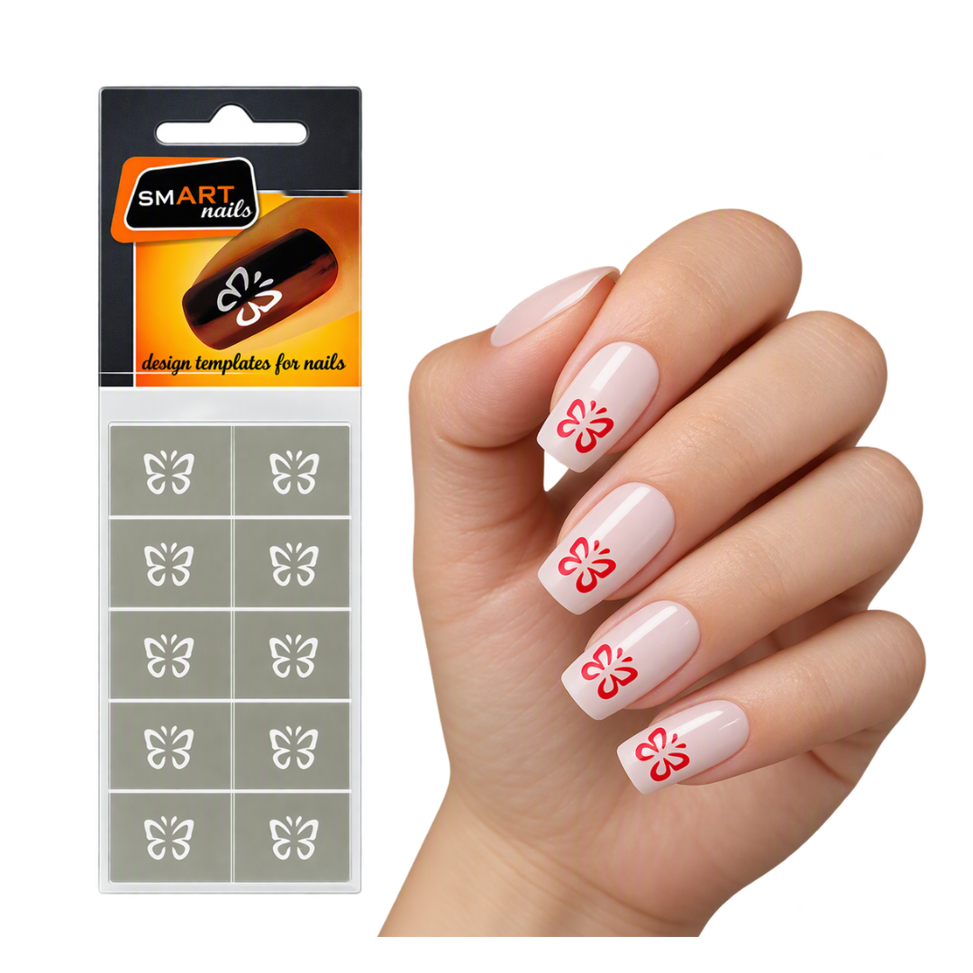 A hand with pale pink nails decorated with red butterfly designs, shown next to a retail package of butterfly nail design stickers labeled SMART nails.