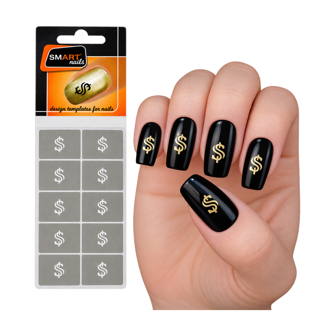 Nail stamping template set by SMART nails shown with its retail packaging on the left and a hand demonstrating the black-and-gold dollar-sign nail design on the right, against a plain white background.
