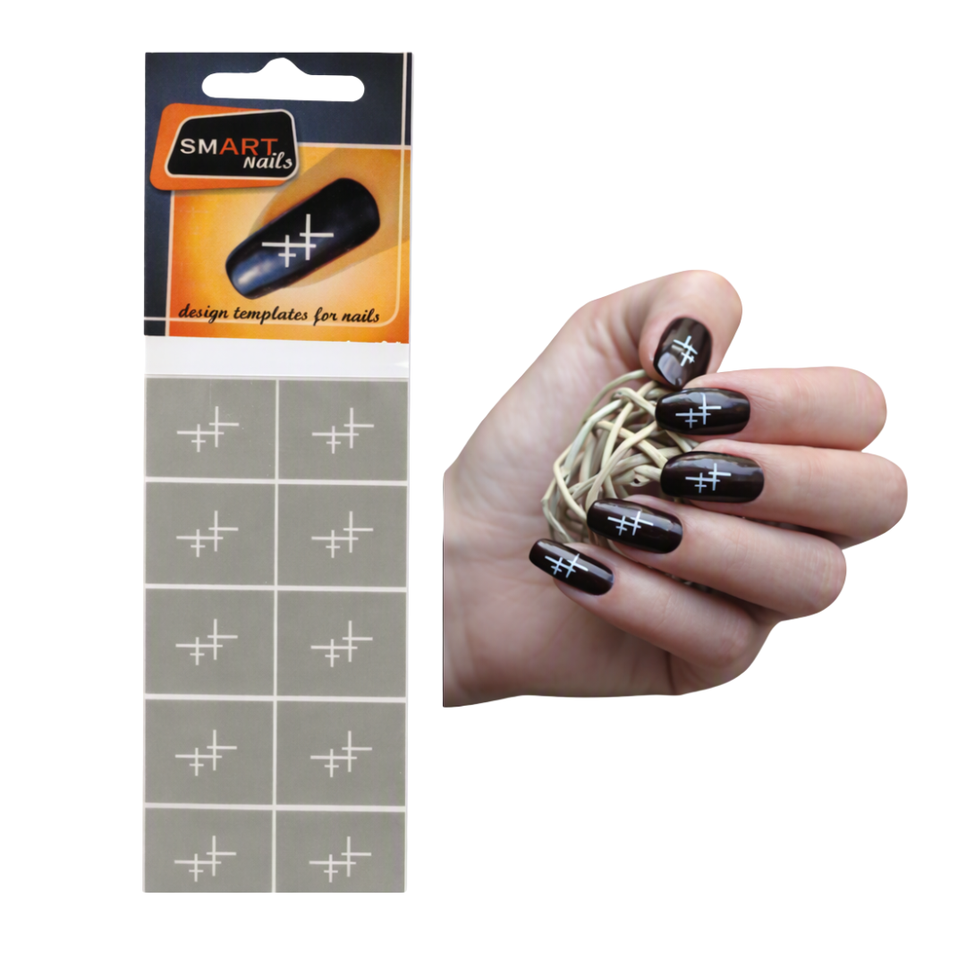 Nail design template stickers by Smart Nails shown next to a hand with black manicured nails decorated with the white geometric cross designs.