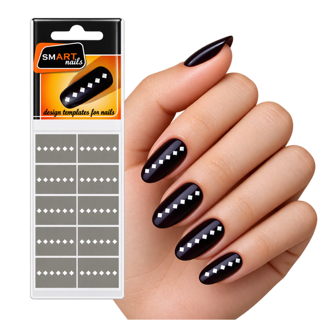 A hand with glossy black nails decorated with white diamond patterns, shown next to the retail packaging for SMART nails template stickers on a plain white background.