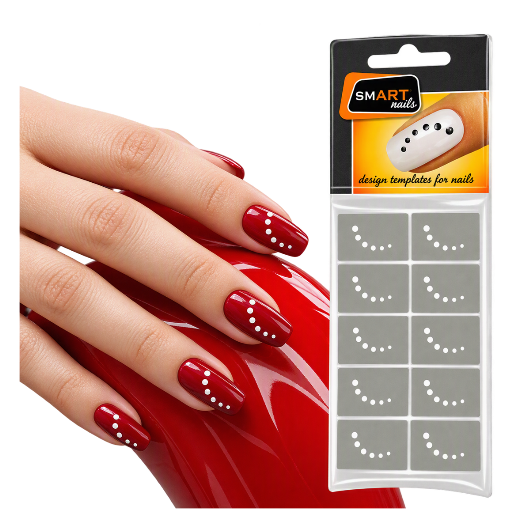 A hand with red manicured nails wearing white dotted nail tip stickers, shown beside the retail packaging for SMART nails design templates for nails.
