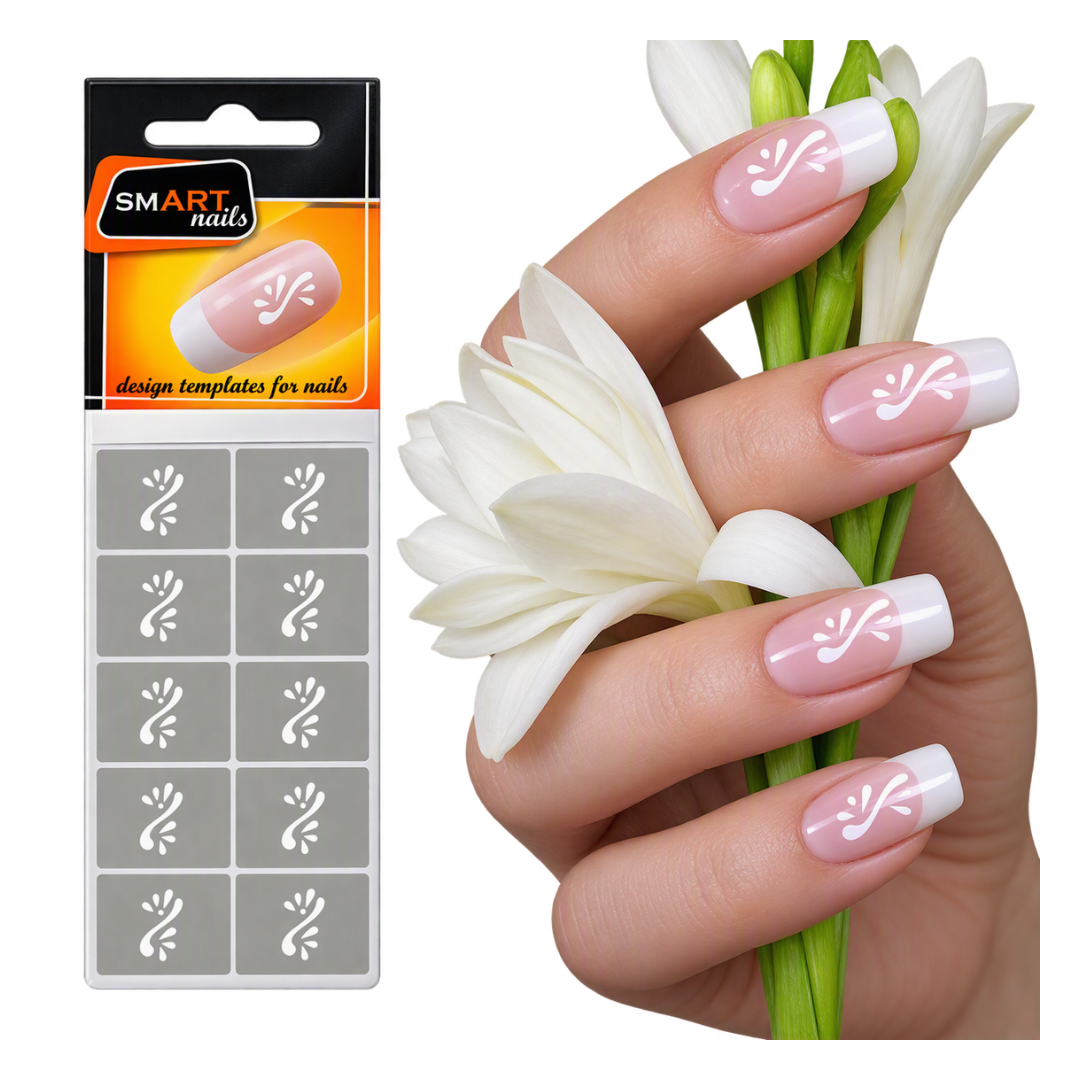 A hand with French manicure nail templates on the nails, holding white lily flowers, next to a package of SMART nails design templates.