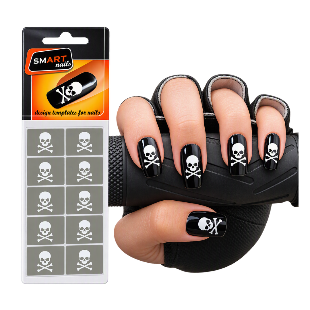 A package of SMART nails design templates for nails shown next to a hand wearing a black fingerless glove with black coffin-shaped nails decorated in a white skull and crossbones pattern.