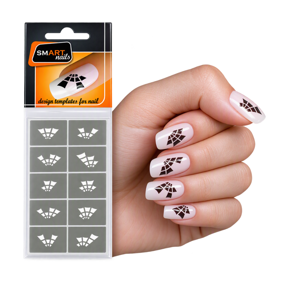 A hand with manicured nails decorated with a geometric black pattern over a pale pink base, shown beside the retail packaging for SMART nails template stickers.