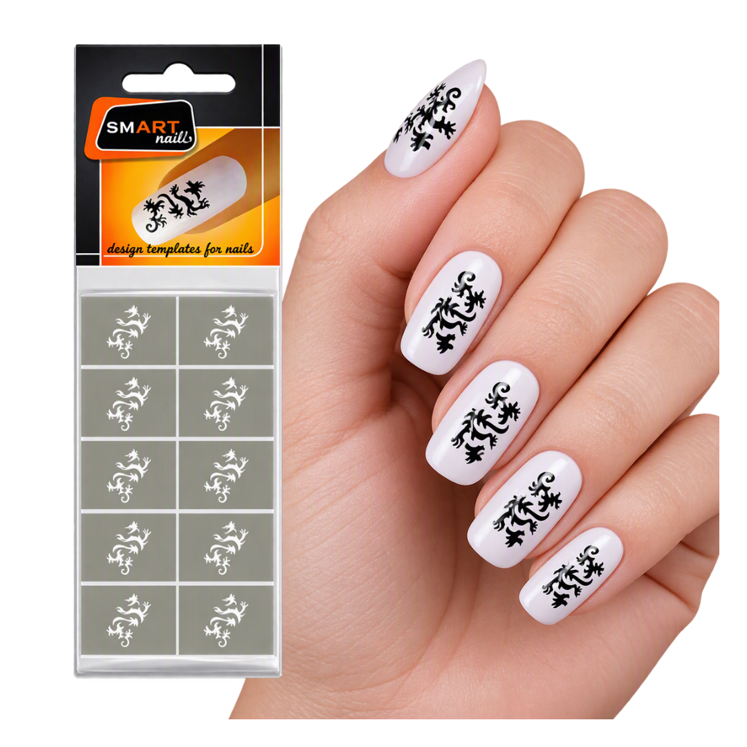 A hand with glossy white nails decorated with black Chinese motifs shown next to the retail package for SMART nails star design templates on a white background.