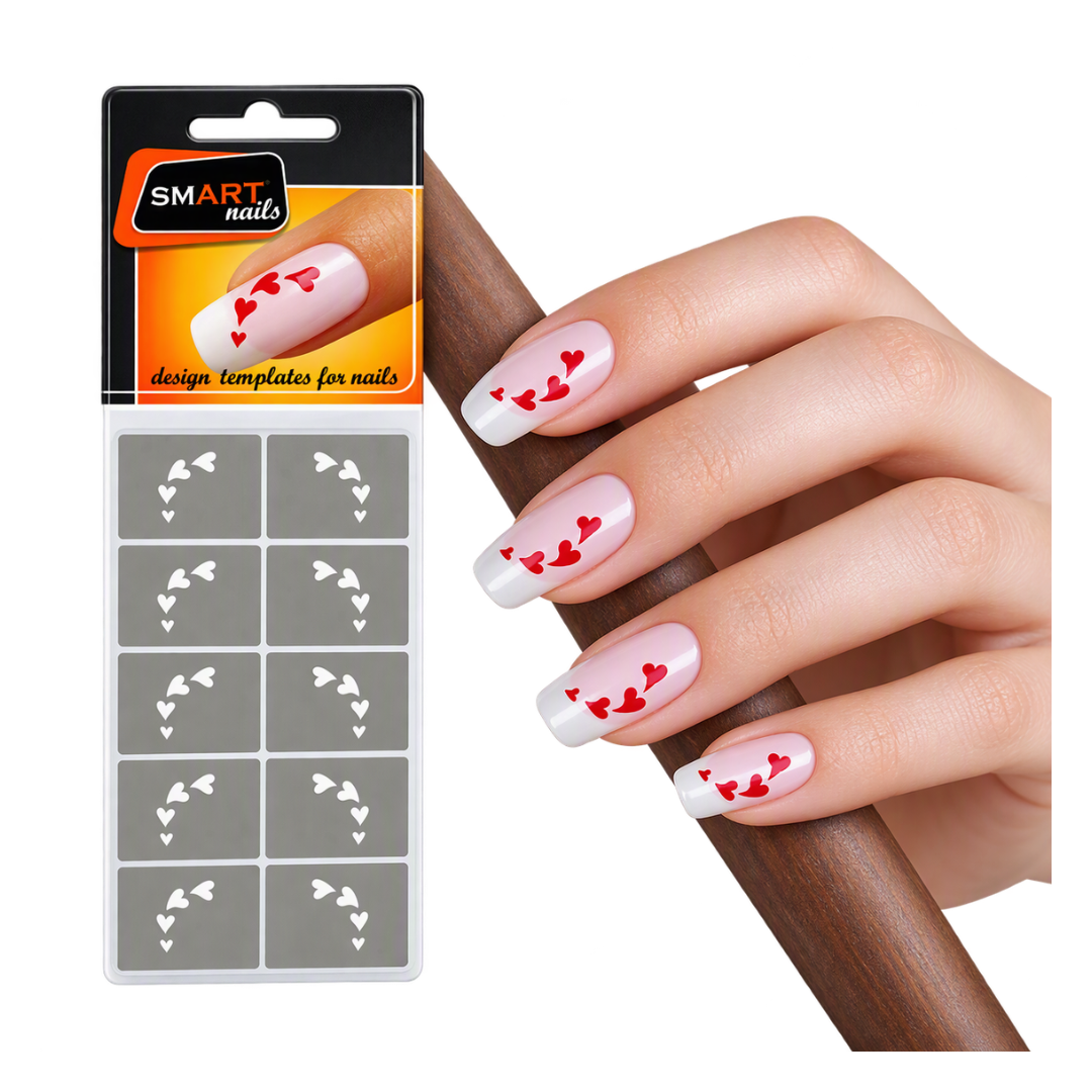 A hand with glossy light pink nails decorated with red hearts in a string, shown next to the retail package for SMART nails star design templates on a white background.
