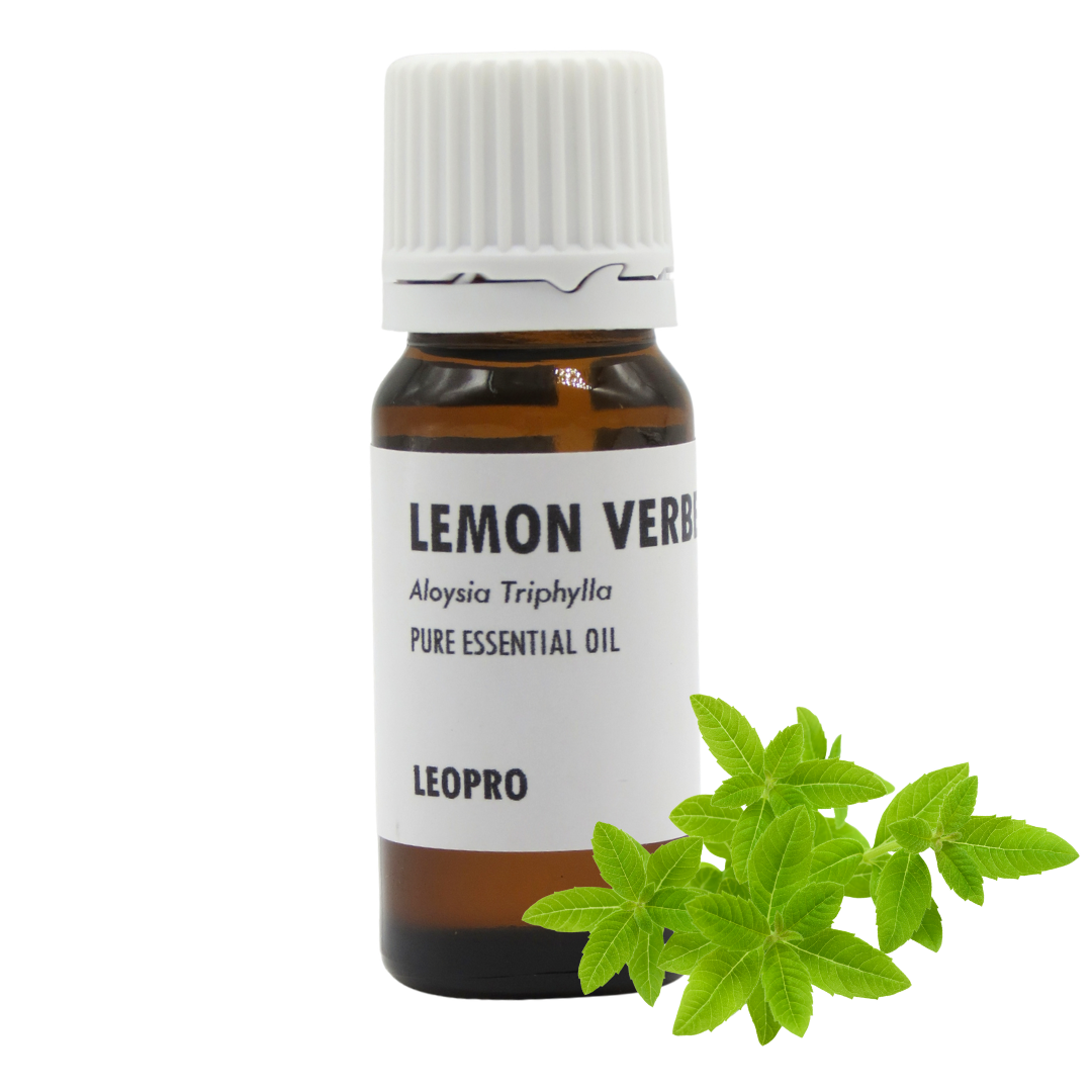 A bottle of LEOPRO Lemon Verbena (Aloysia Triphylla) pure essential oil, featuring an amber glass bottle, white cap, and white label, styled with fresh green lemon verbena leaves on a white background.